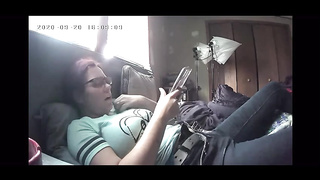 Buxom, unexperienced cougar with glasses was caught on gauze while she was jerking in her guest room