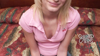 Blonde teen newbie with beautiful blue eyes sucks cock