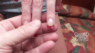 Blonde teen newbie with beautiful blue eyes sucks cock