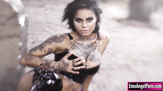 Tatted, punk honey in shoes with high stilettos is getting romped in the bum and liking it