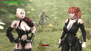 Huge-Chested hunters are getting torn up by a ebony monster with 2 boners, in the woods