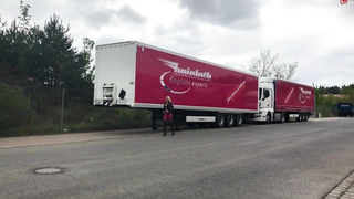 German blond in a leather jacket is gargling her paramour's pecker after getting screwed from the back