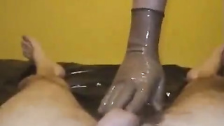 three Ejaculations In See-Through Spandex Mittens