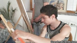 Mischievous, youthful dudes are about to plumb a trampy grandma and make her deep-throat their schlongs