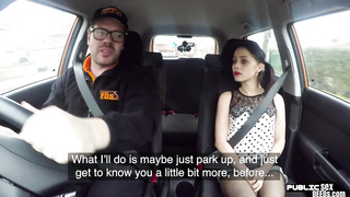 Petite british driving student rides instructor