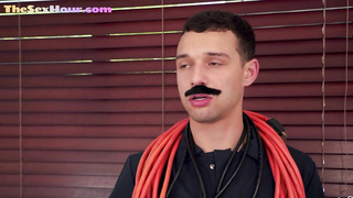 Redhead booty babe riding electricians cock