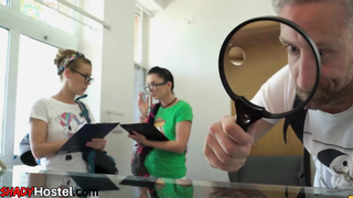 Hostel babes fingered and fucked in spooky ffm after checking into rooms