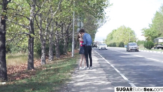 Skinny courtesan rides sponsor after giving bj