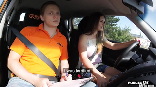 Public euro pussylicked in car during lesson