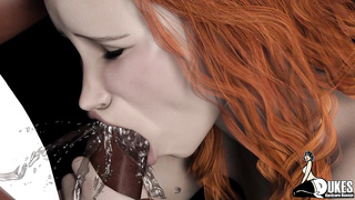 Crimson haired honey with giant figure is deepthroating a humungous, dark-hued meat stick during the lockdown