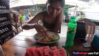 Thai brown-haired oftentimes completes up throating Dodgy Dave's pecker and getting ravaged from the back, for currency