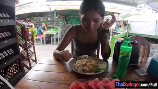 Thai brown-haired oftentimes completes up throating Dodgy Dave's pecker and getting ravaged from the back, for currency