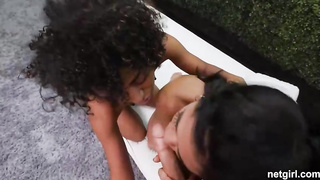 Lovable, Black female with curly hair is having a ffm three way while making a fresh porno flick