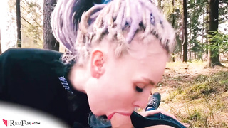 Sensuous damsel is deep throating bone in the woods and hoping a ample facial cumshot money-shot as a prize