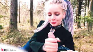 Sensuous damsel is deep throating bone in the woods and hoping a ample facial cumshot money-shot as a prize