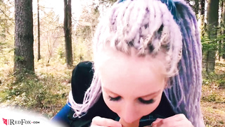 Sensuous damsel is deep throating bone in the woods and hoping a ample facial cumshot money-shot as a prize