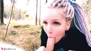 Sensuous damsel is deep throating bone in the woods and hoping a ample facial cumshot money-shot as a prize
