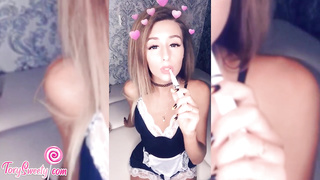 Smallish maid, Tory Sweety is dildoing her dousing moist vagina in front of the camera