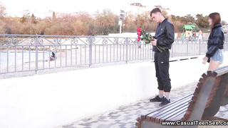 Nice teenager dark haired, Queenlin is about to have hump with her fresh beau, in his guest room