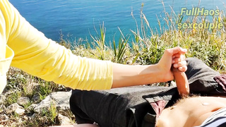 Nasty fellow loves to get a hand-job in the nature, until he gushes from delight