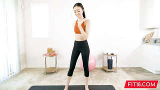 Slender, Dark-Hued gymnast, Scarlett Bloom is deep throating manmeat and getting torn up, instead of doing exercise