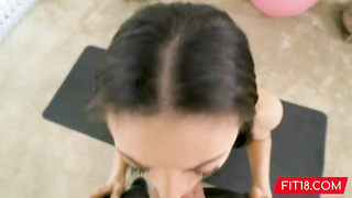 Slender, Dark-Hued gymnast, Scarlett Bloom is deep throating manmeat and getting torn up, instead of doing exercise