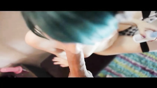 Trampy nymph with blue hair, Virgin wants to sense a rock-hard spear up her bum