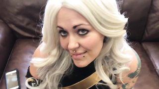 Inked ash-blonde gal, Ms Miracle is getting on all fours on the floor while throating a rock rock hard spunk-pump