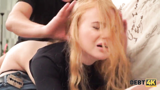 DEBT4k. Cunning fellow smashes hairless cooter of crimson-haired bombshell for the debt
