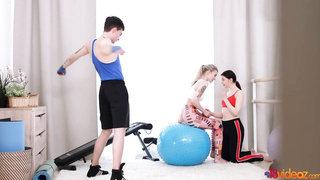 Tatted blondie is having a three-way in the gym, instead of just doing her exercise routine