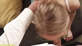 Instead of doing her homework, ultra-cute light-haired nubile with glasses is having ass fucking hookup and loving it