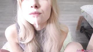 Attractive towheaded is providing a sensuous oral pleasure to her roomie and slurping explosions of new jizz