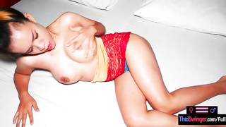 Big-Boobed Thai dark-haired is deep-throating a super-naughty stranger's meatpipe like a real professional, in his guest room