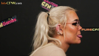 Nerdy CFNM blonde blowing cock at the job talk