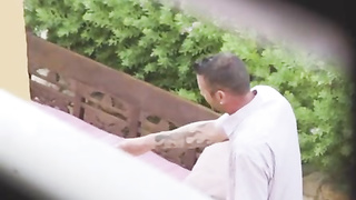 Steamy brown-haired in lacy undergarments is having casual romp with a uber-sexy, ebony dude from the surroundings