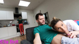 Risky Suck Off on Couch while their Pal Cooks. Giant Spunk at the end on Ella Bolt Face
