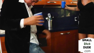 Dominating babes sucking off small dick loser