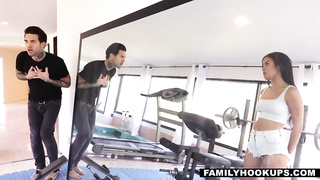 Tattooed dark haired, Maya Bijou is impatiently throating a rock rigid beef whistle, before getting slammed with it