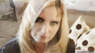 Ash-Blonde female in nylons is using a giant bang-out plaything while fapping in front of the camera