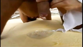 Epic brown-haired is providing a hand-job to her fresh paramour, to make him spew out from gusto