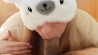 Blinded platinum-blonde is blowing salami like a real sex industry star, because she luvs how it tastes