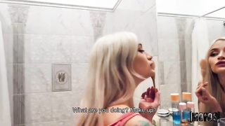 Tatted Russian light-haired with a uber-cute booty is deep throating her roomy's jizz-shotgun, before getting banged stiff