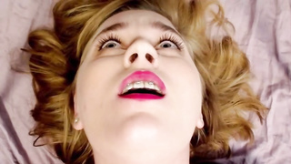 Lush platinum-blonde with braces is shrieking while getting prepped to jizz in front of the camera