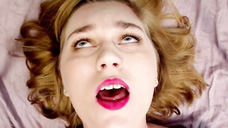 Lush platinum-blonde with braces is shrieking while getting prepped to jizz in front of the camera