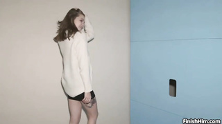 Puny boobed blondie is throating boner thru a gloryhole to make a random stud jizm