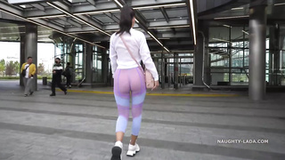 Grubby minded stunner in sheer stretch pants went put with no underpants, just for the joy of it