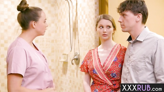 Bootylicious girl and a trampy teenie are having a 3some with a fellow they both like