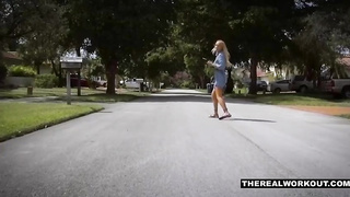 Killer light-haired chick with giant milk cans is doing her daily exercise routine and then having casual fuck-a-thon