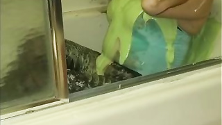 Naughty dark haired got roped up and caked with cake, because she luvs how it perceives