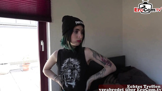 Whorish teenie black-haired with tats is about to begin tugging, in front of the camera